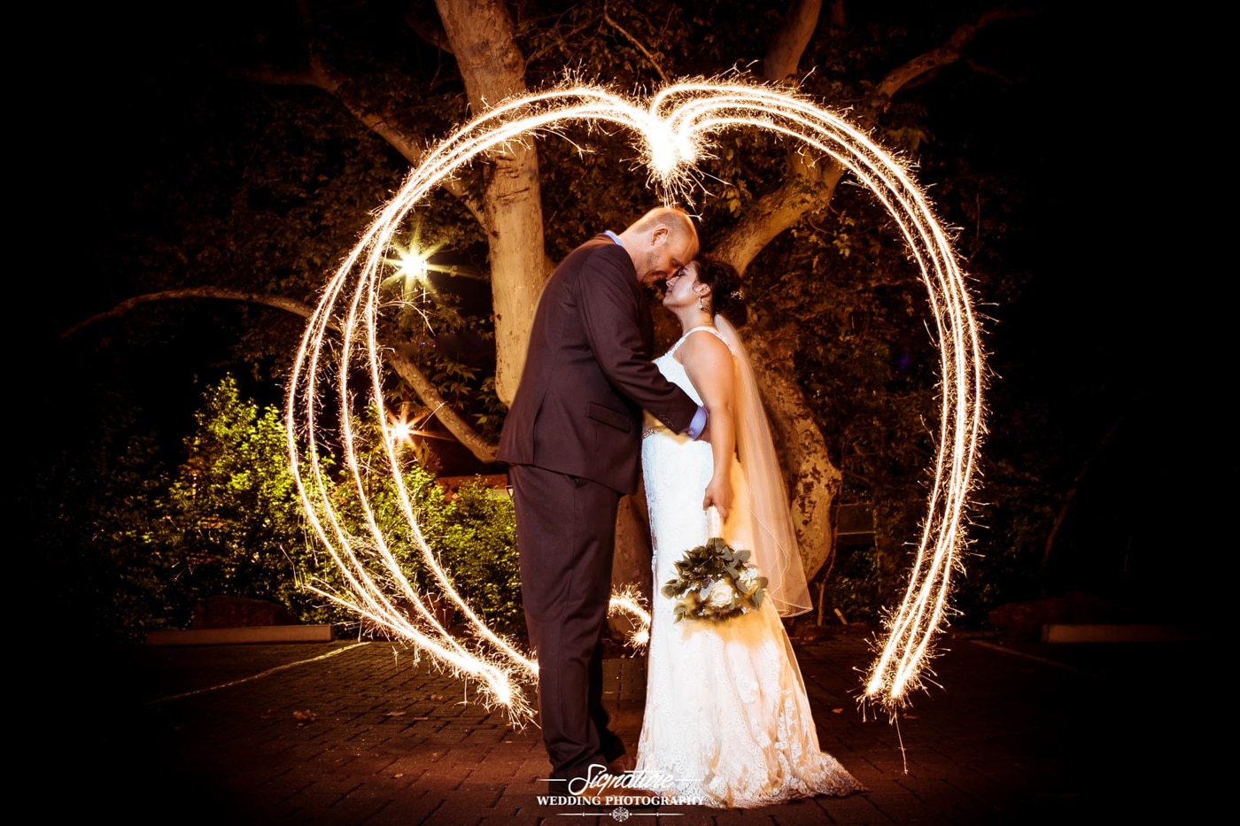 Bride and groom with sparkler effect
