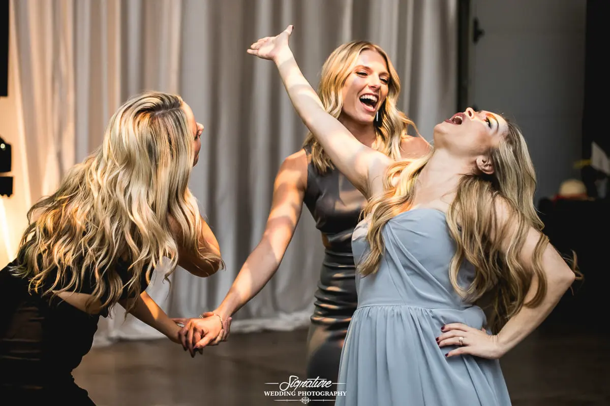Wedding guests dancing at reception candid