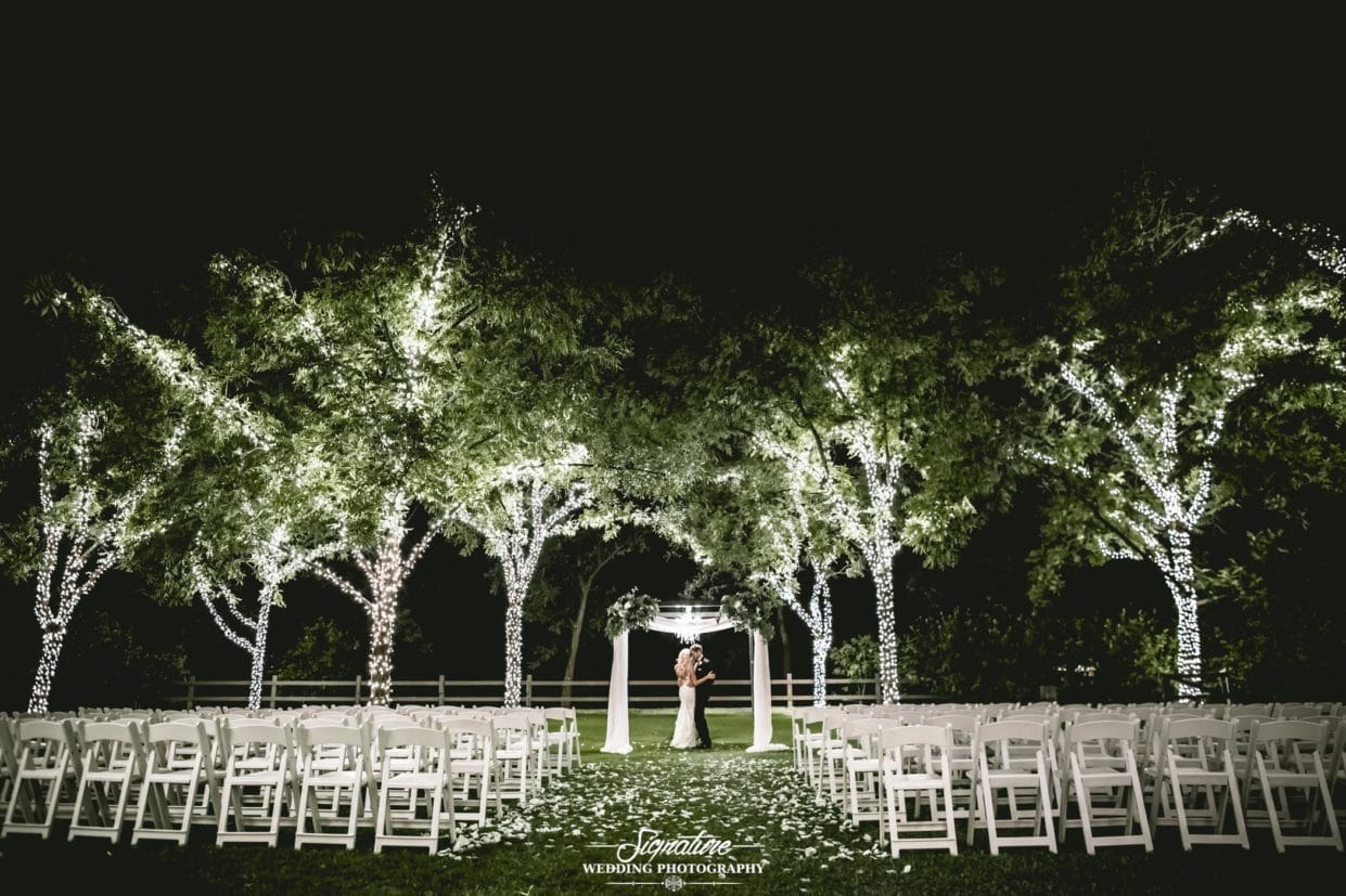 Bride and groom under tree canopy with lights