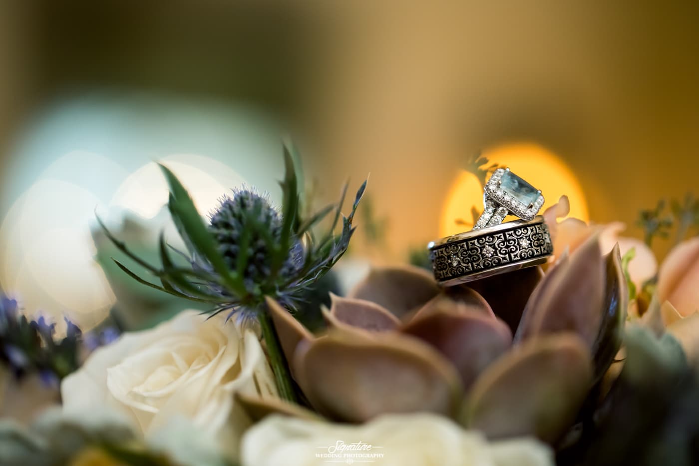 Wedding rings on flower bouquet