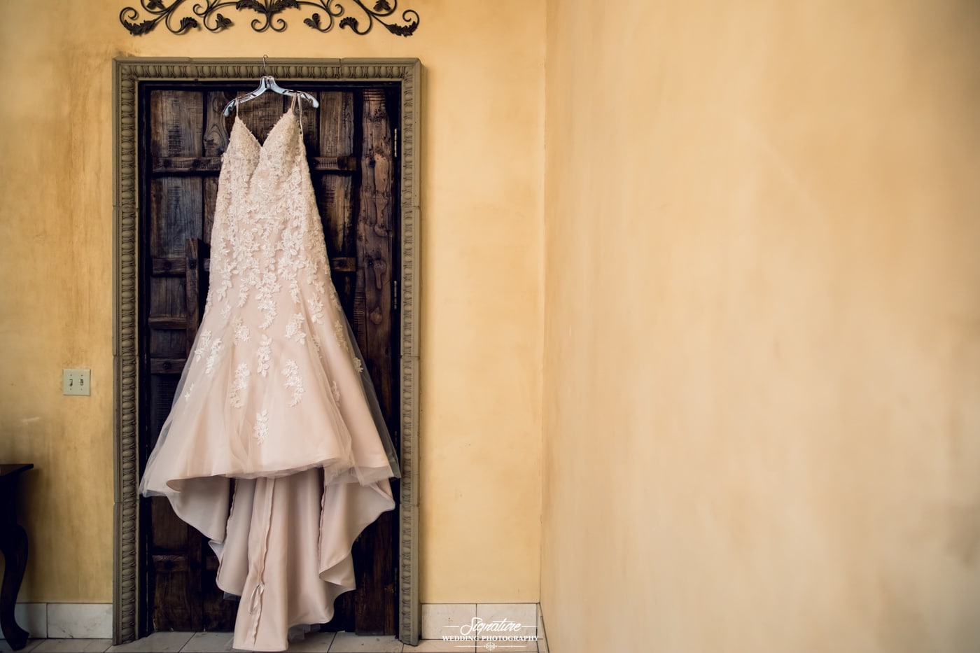 Bride's dress hanging in front of wooden door