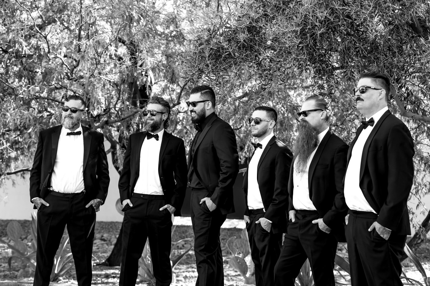 Groom and groomsmen with sunglasses black and white