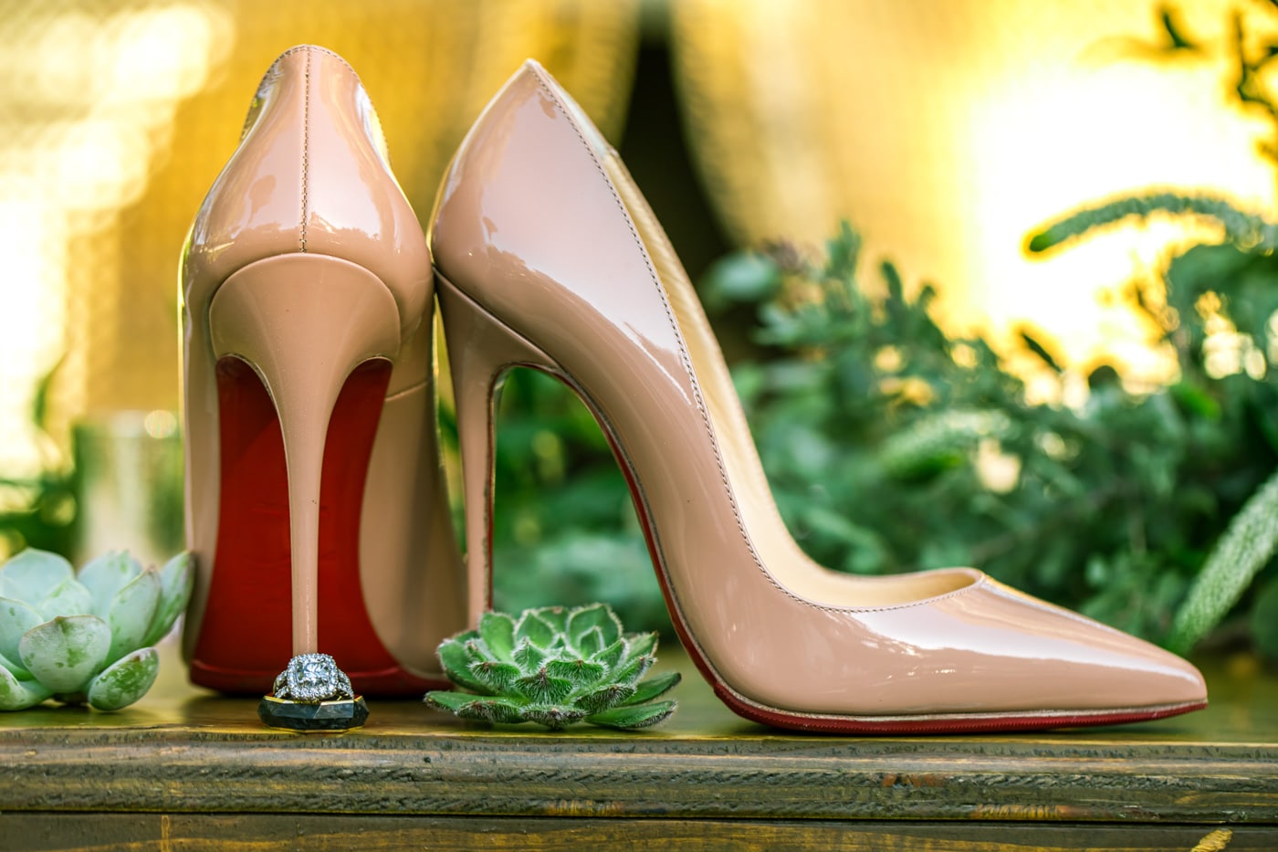 Bride's shoes close up with wedding rings and desert plants