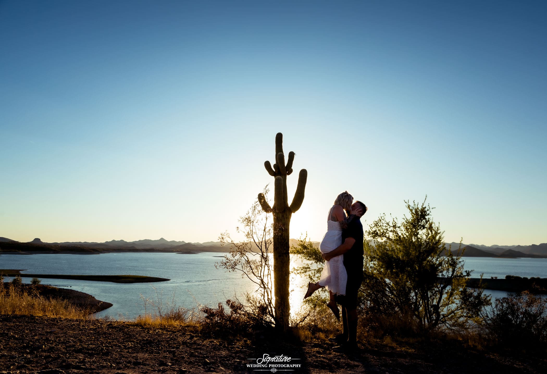 Man picking up woman kissing next to cactus at sunset