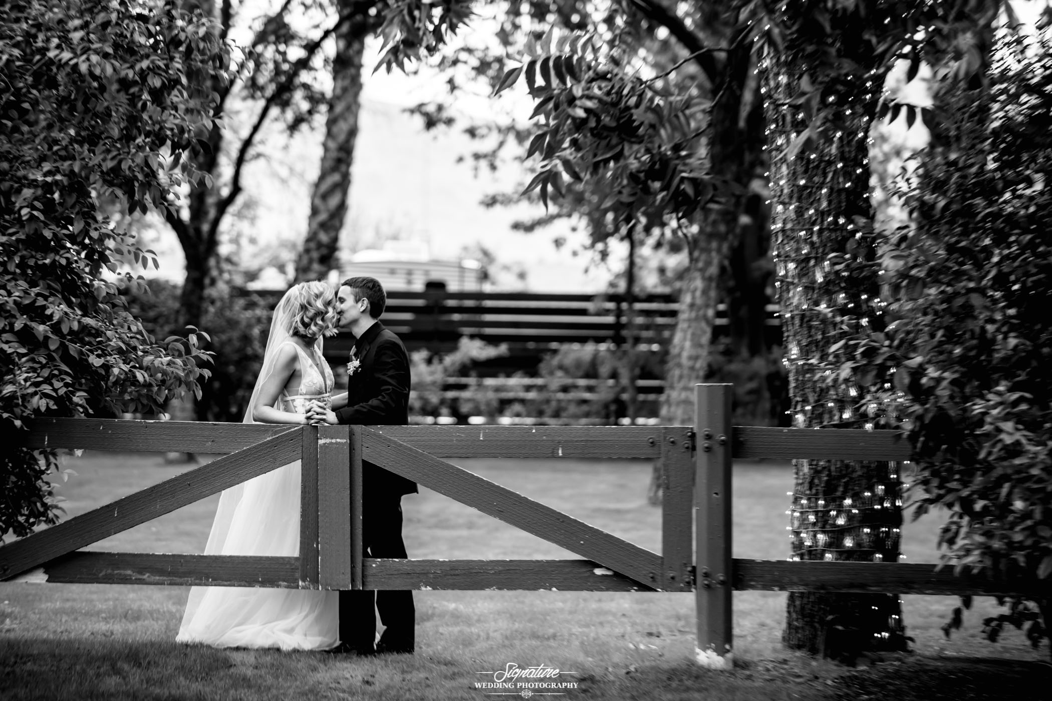 Bride and groom kissing behind wooden gate black and white