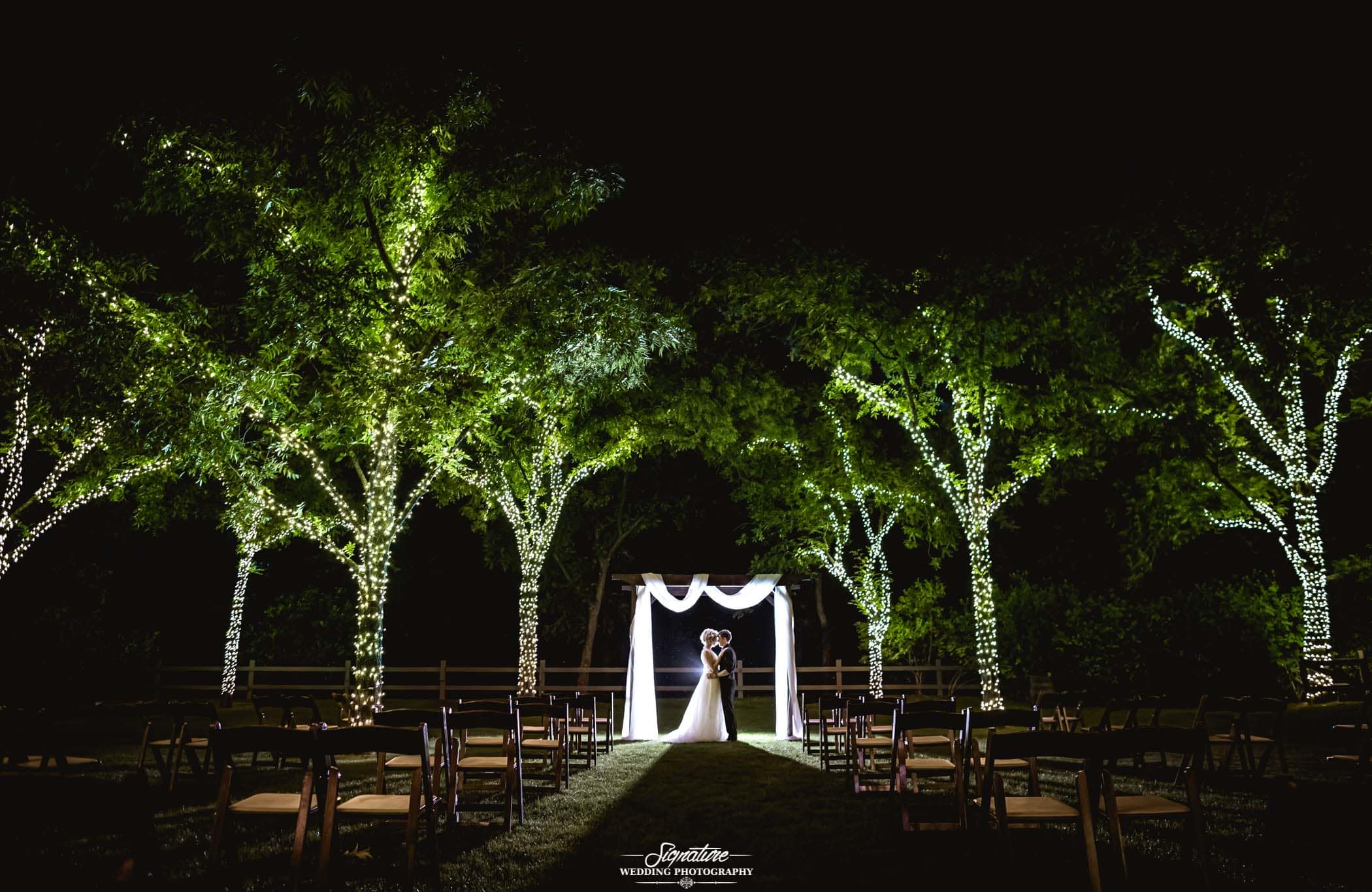 Bride and groom under archway with lit up trees