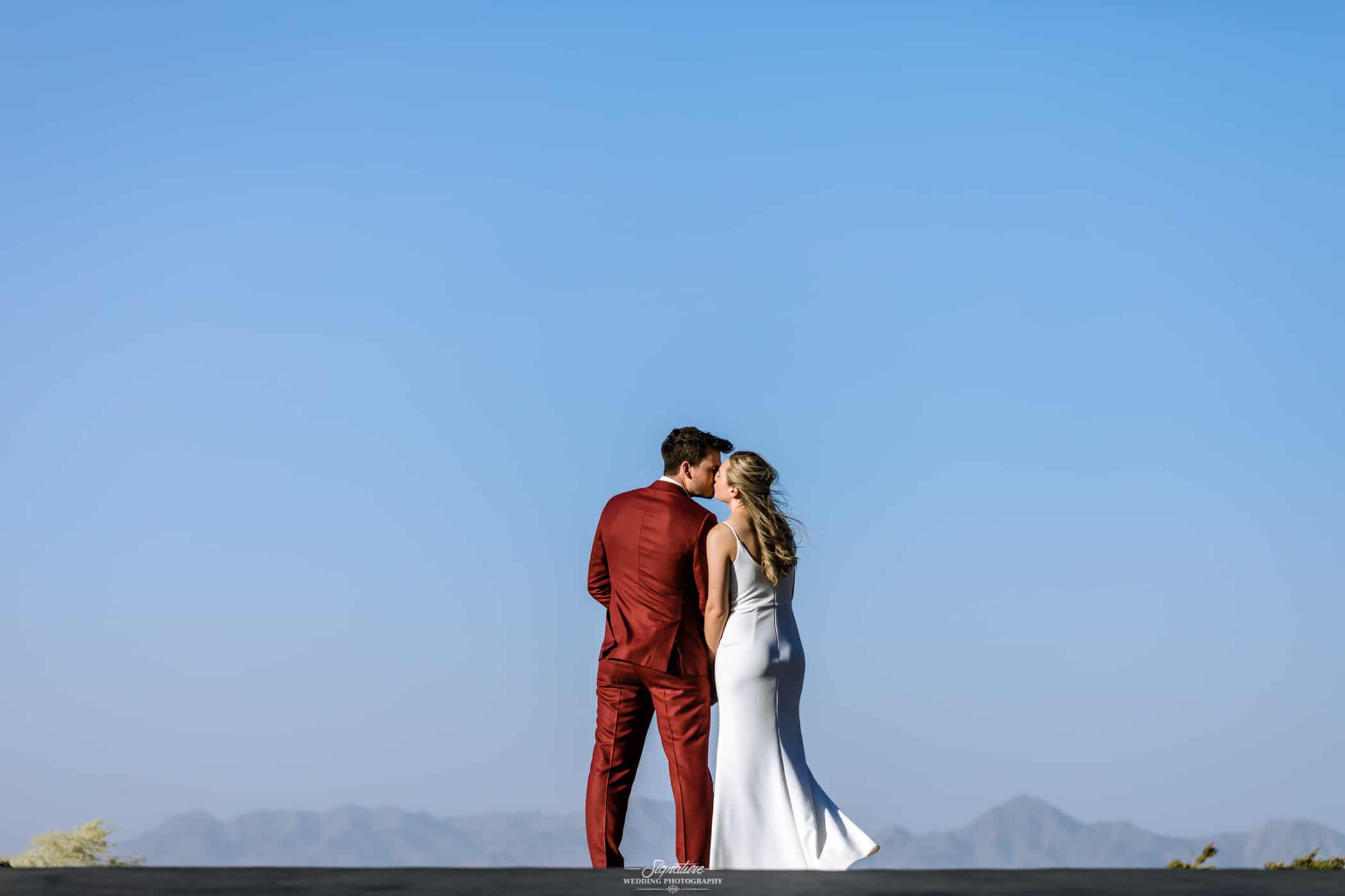 Behind shot of bride and groom kissing with mountains in background