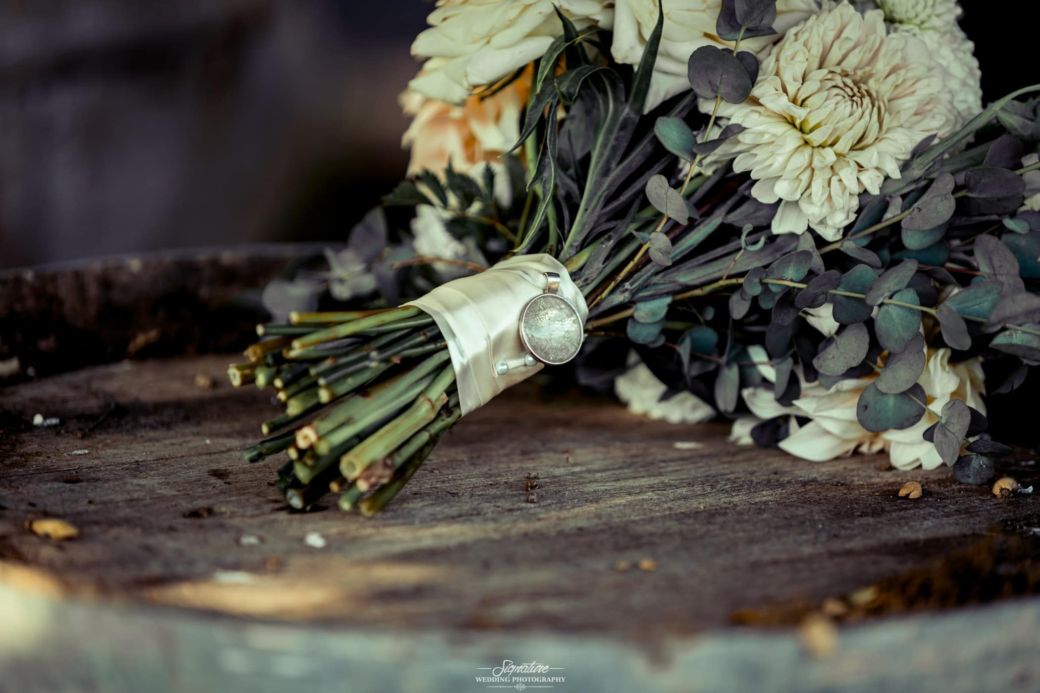 Handle of bouquet with crystal close up