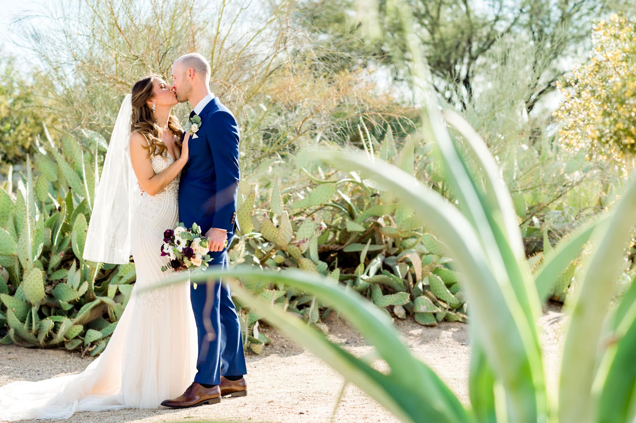 Bride and groom kissing surrounded by desert plants
