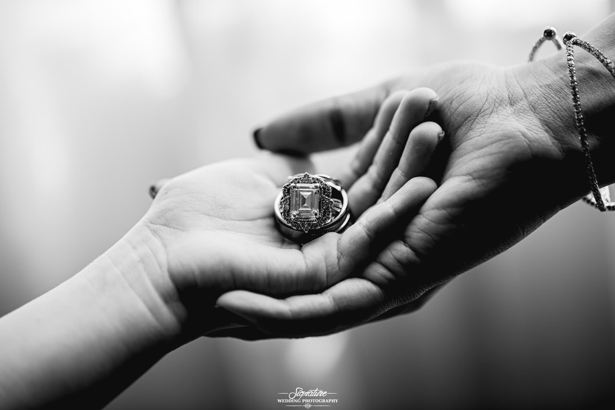 Bride's hand in grooms hand with wedding rings in palm black and white
