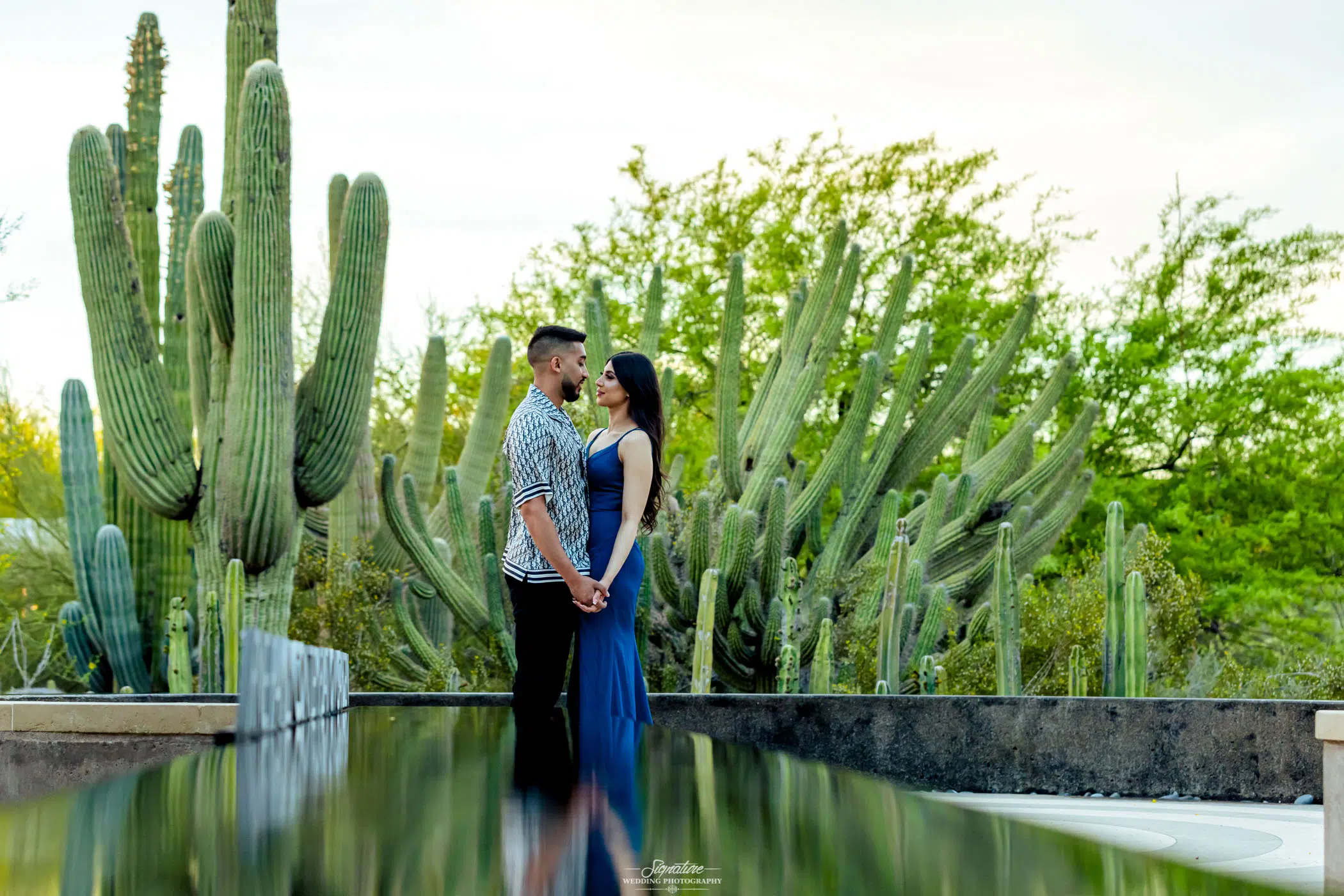 Couple hugging and holding hands in front of cacti