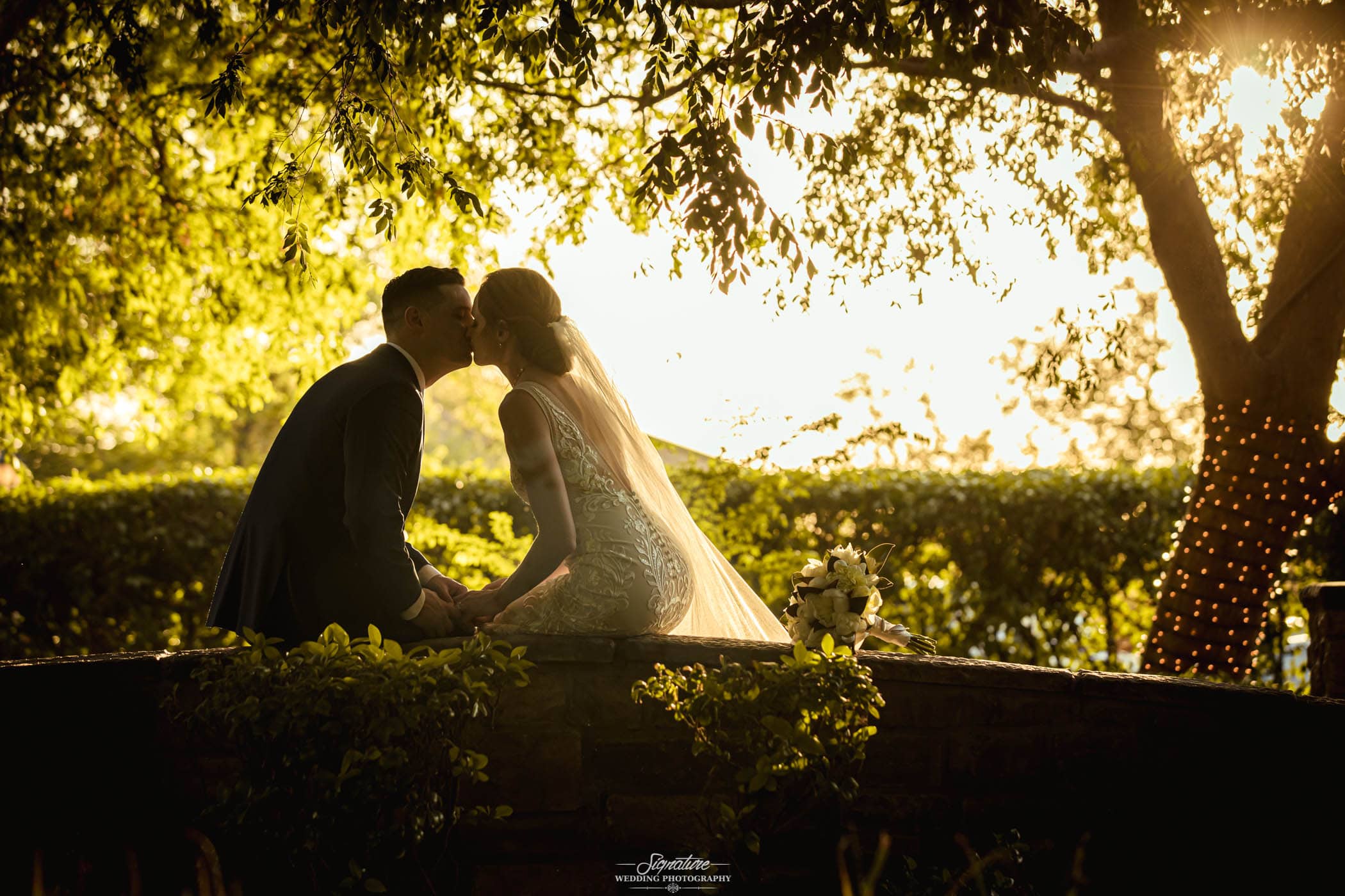 Bride and groom kissing on bridge under trees