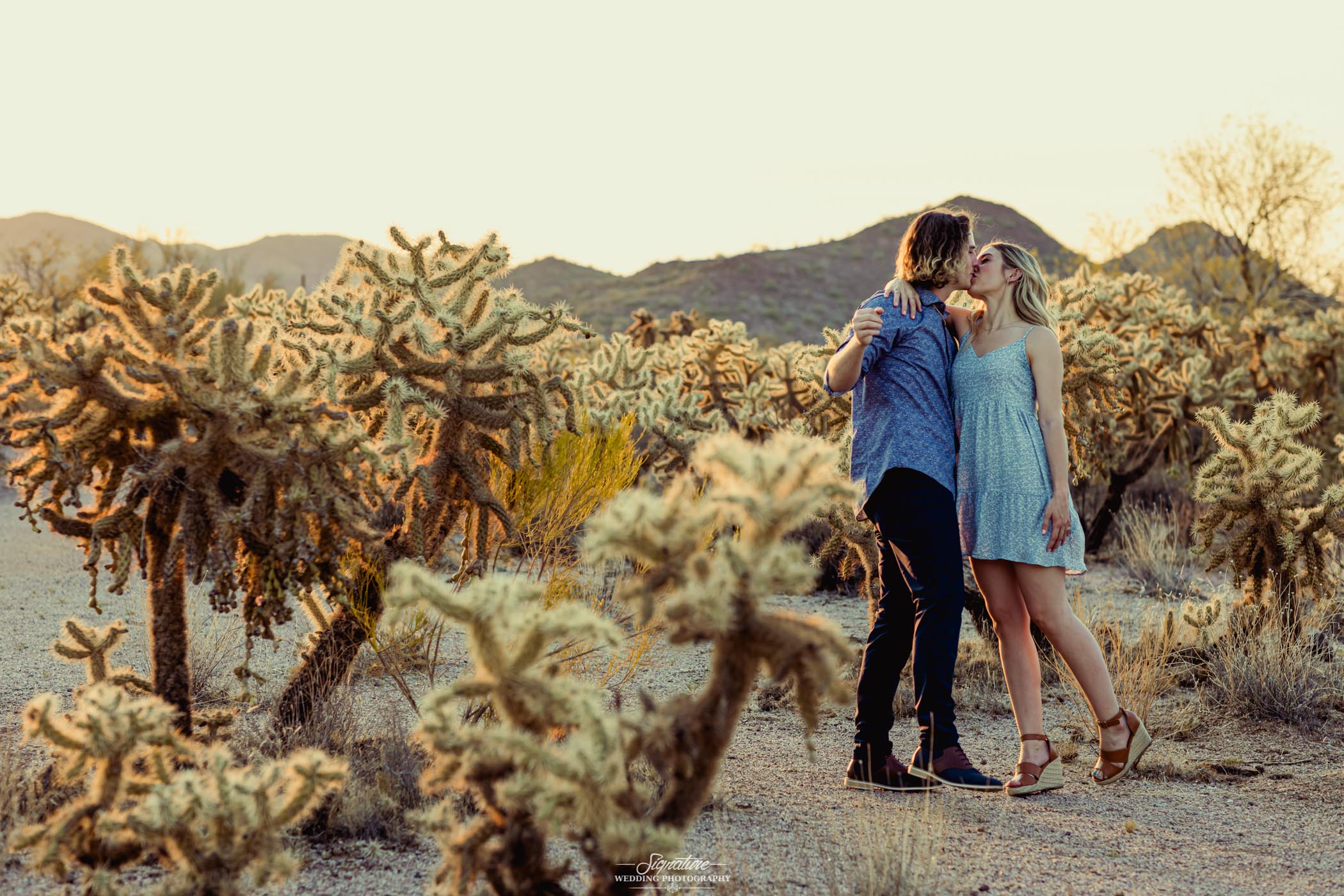 Couple kissing in desert for engagement shoot
