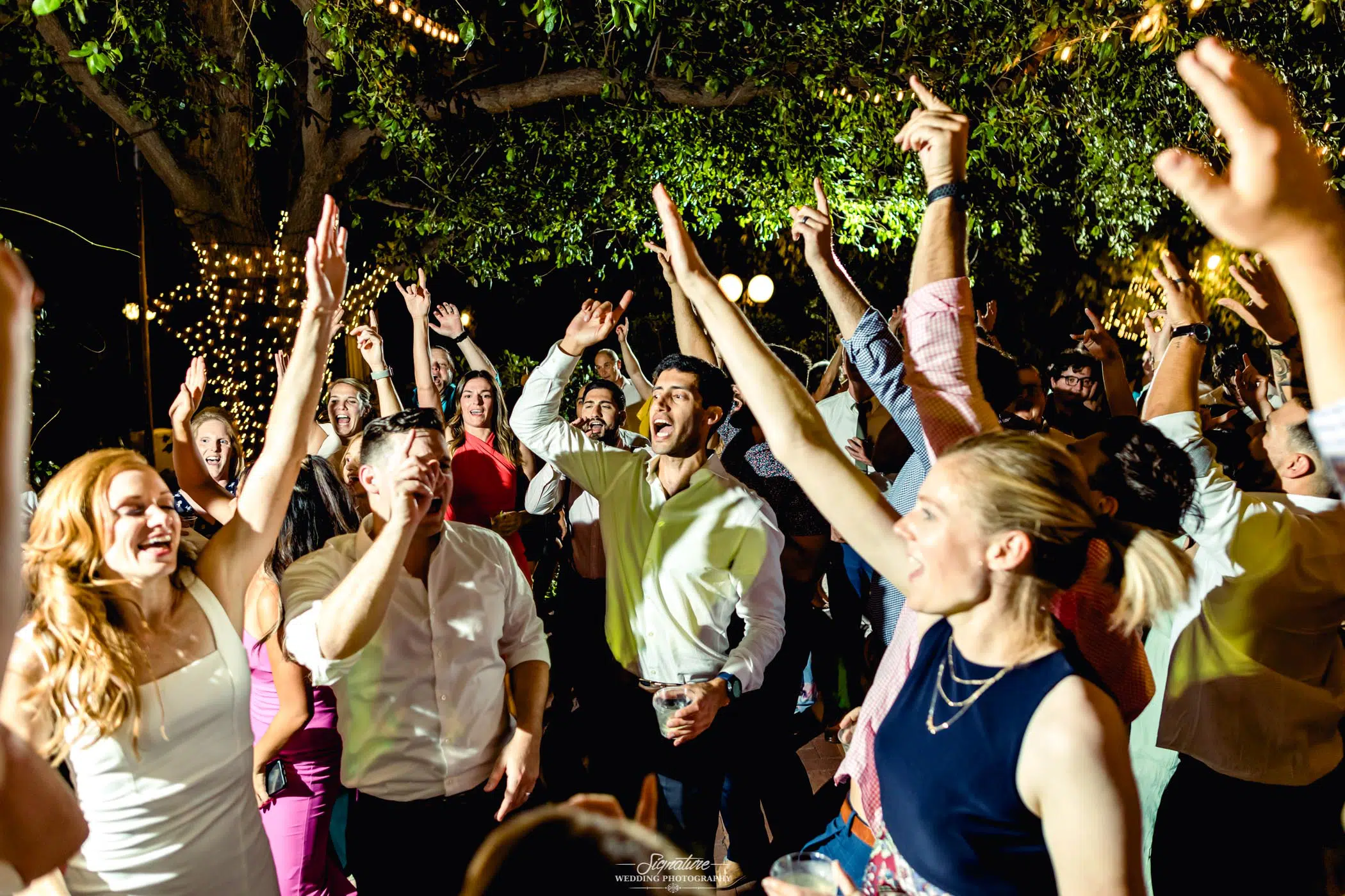 Wedding guests dancing with arms up