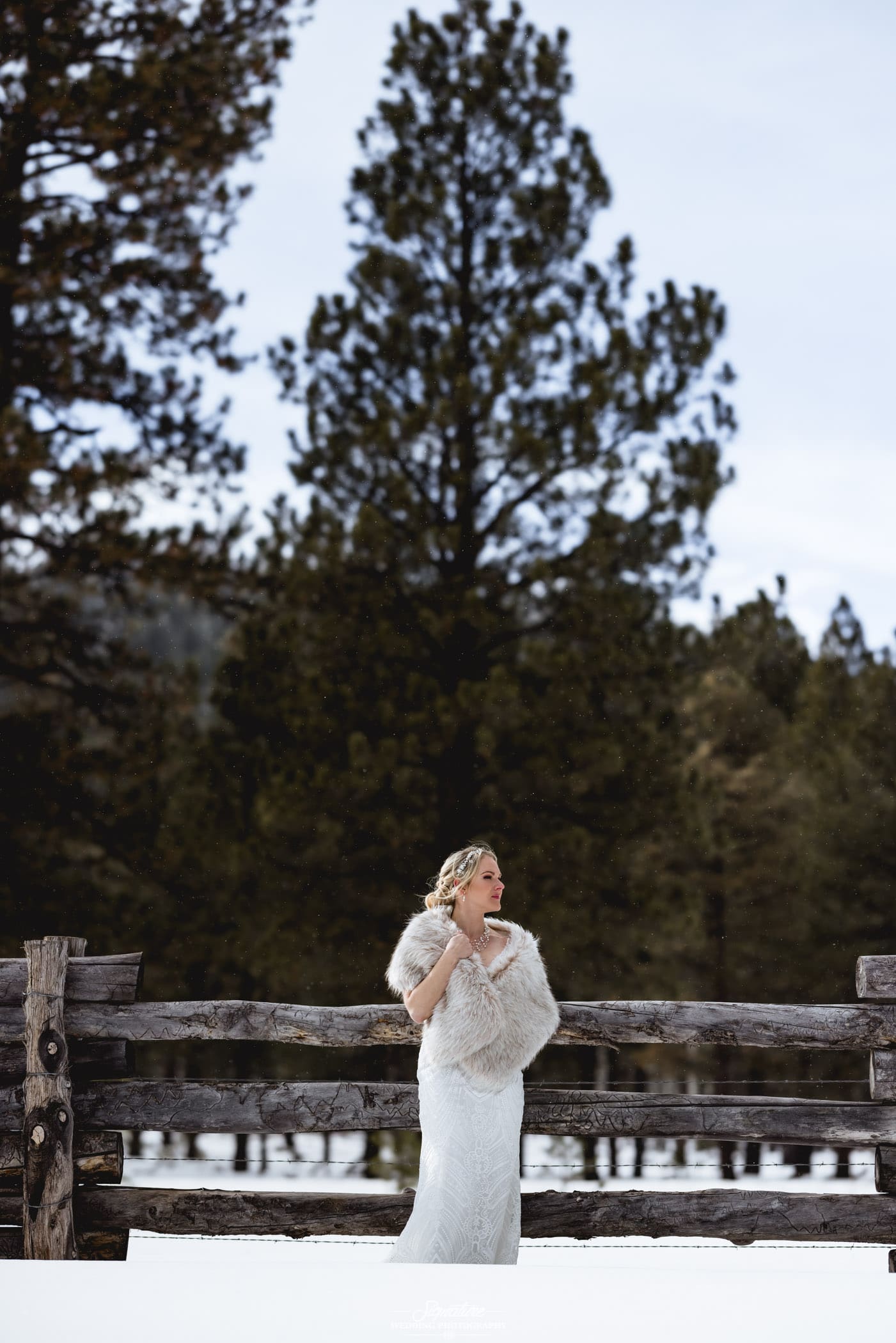 Bride in front of wooden fence