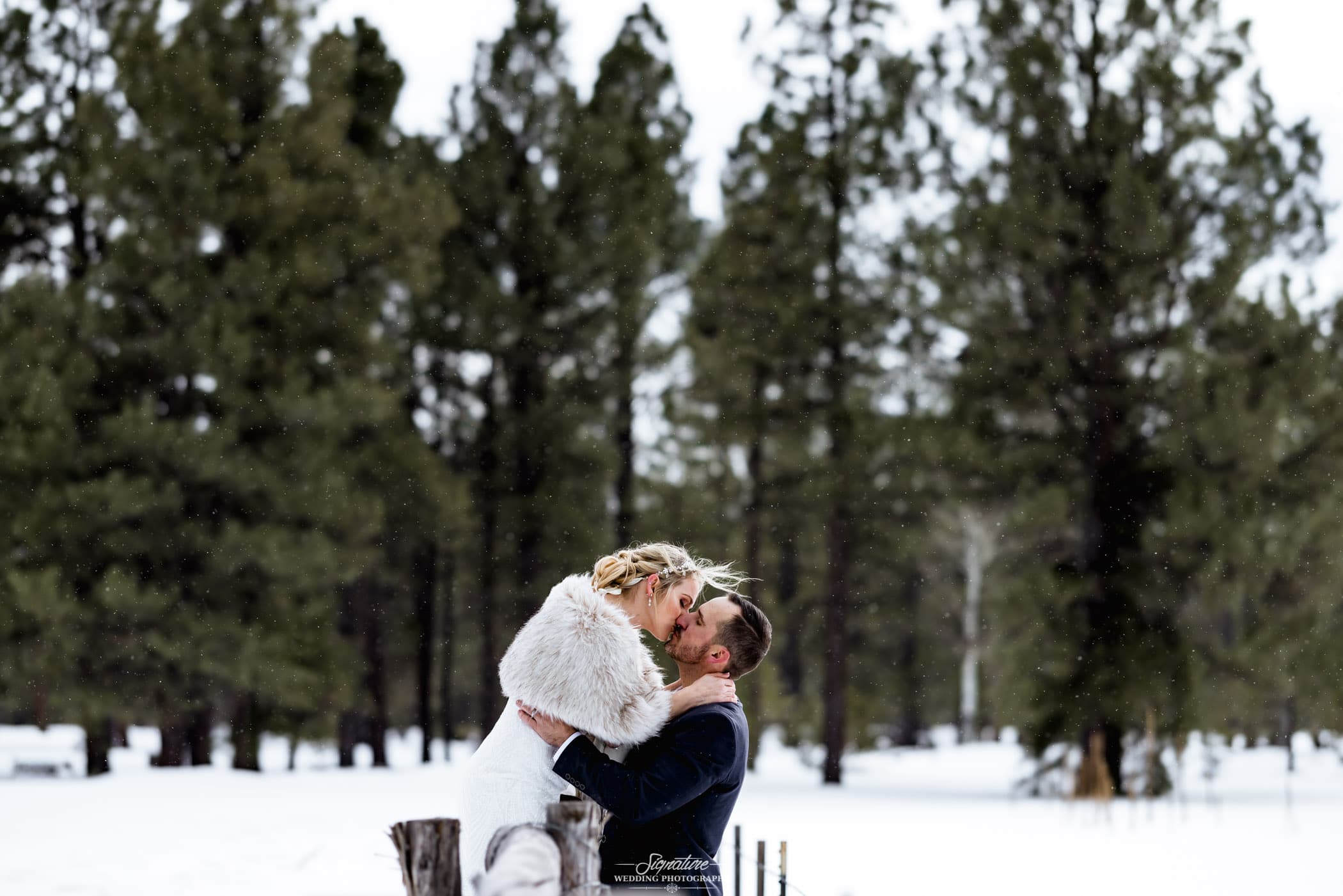 Bride and groom kissing in winter forest