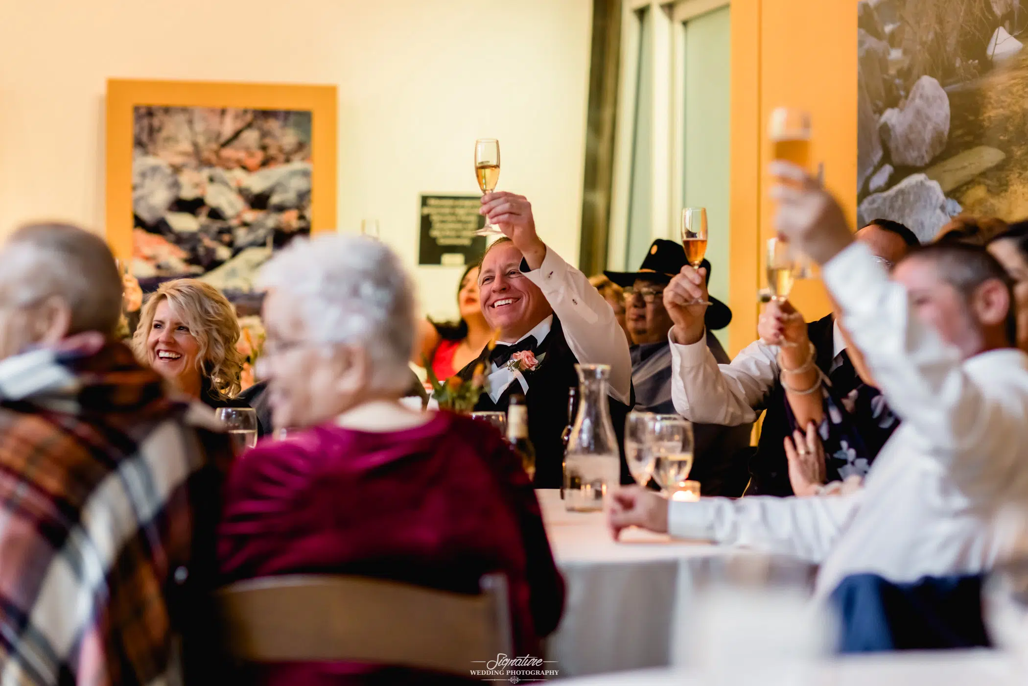 Wedding guests toast at reception