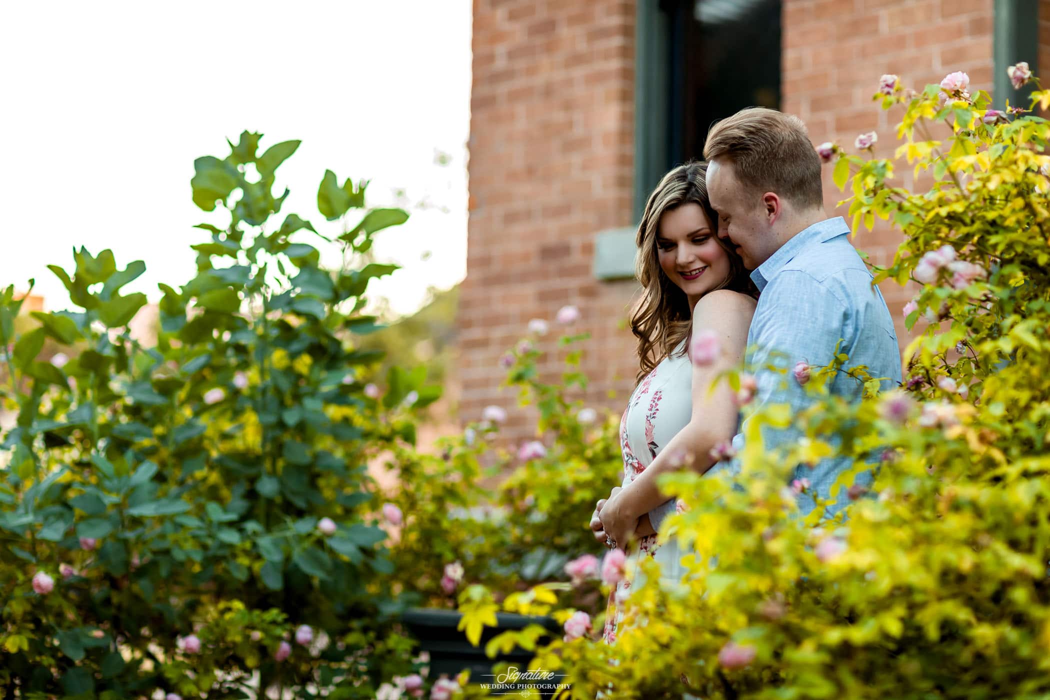 Man holding woman from behind smiling together in flower bush