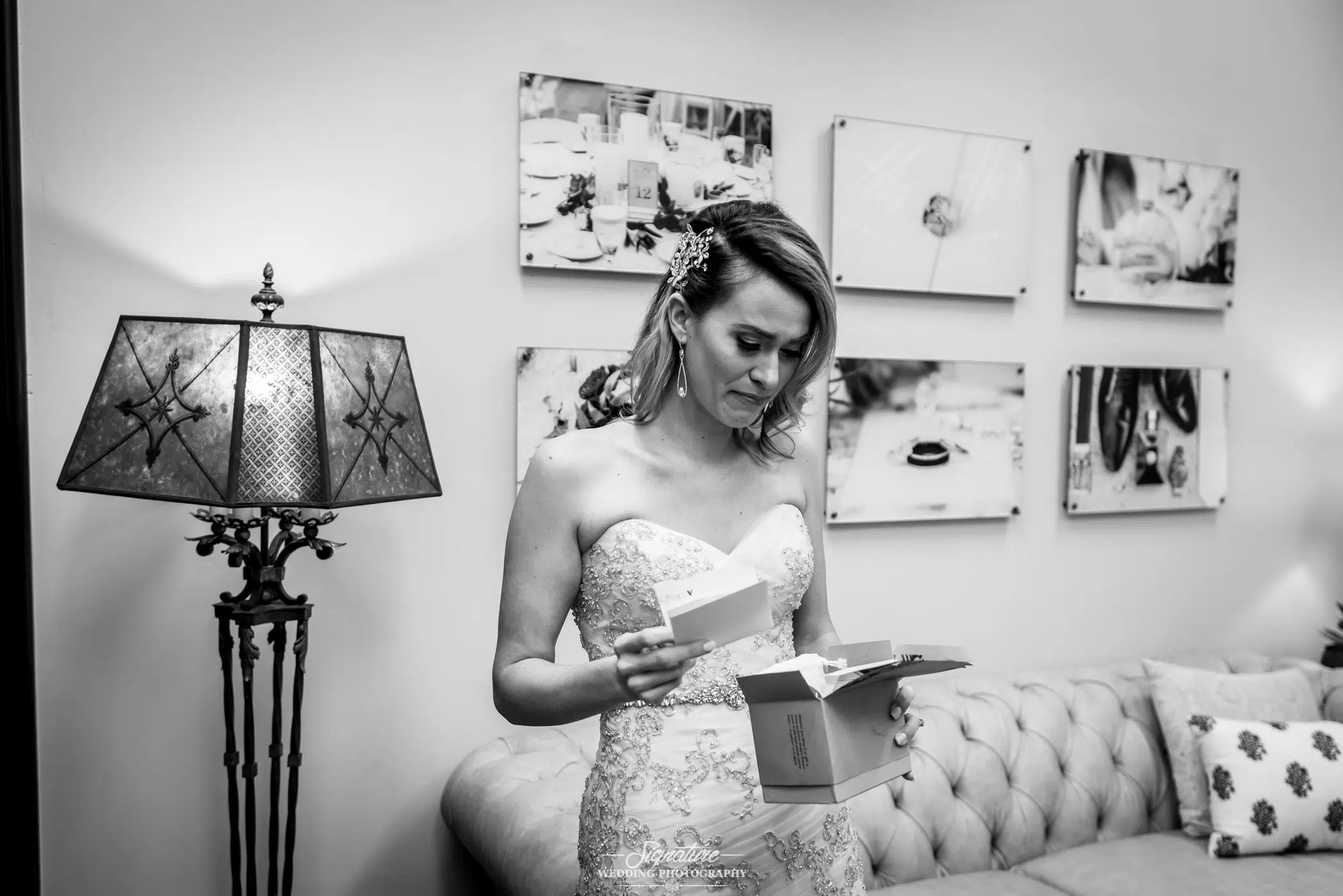 Bride emotional opening gift black and white