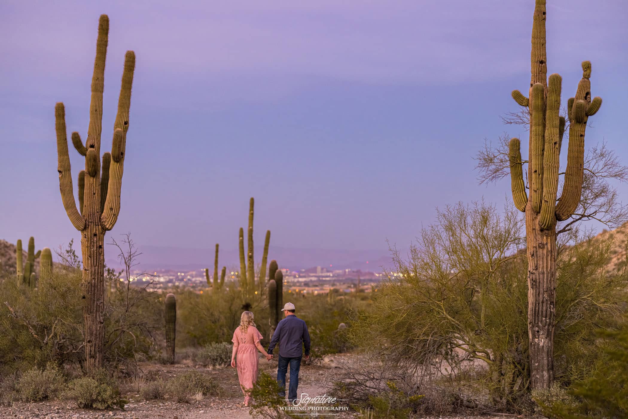 Couple holding hands walking in desert at sunset