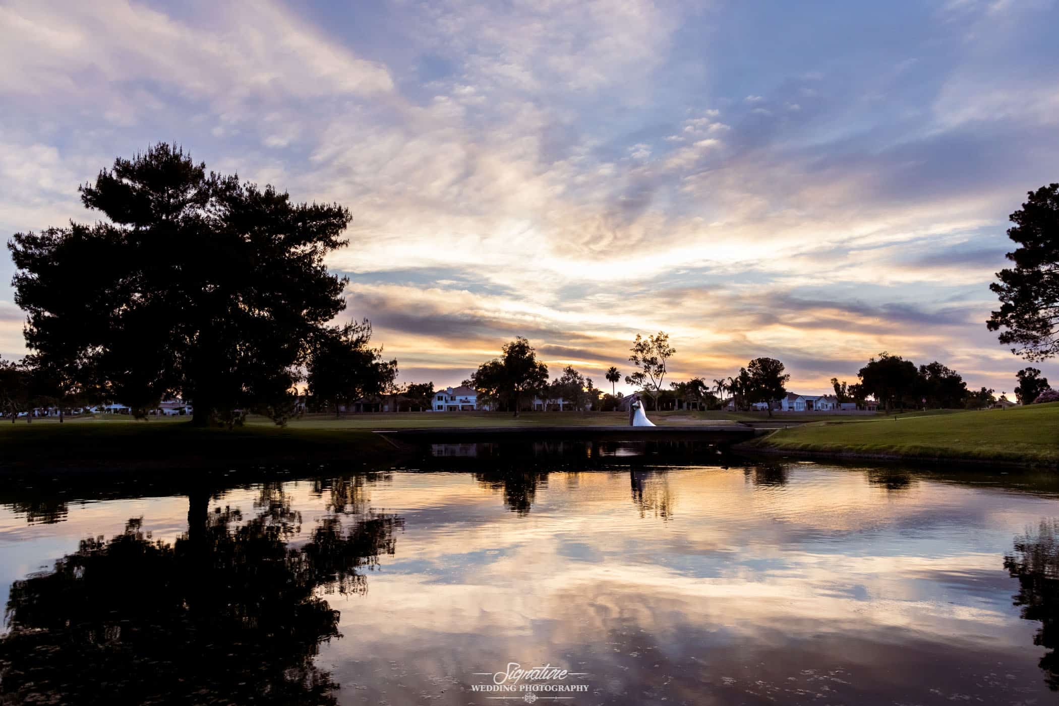 Bride and groom kissing in behind pond at sunset