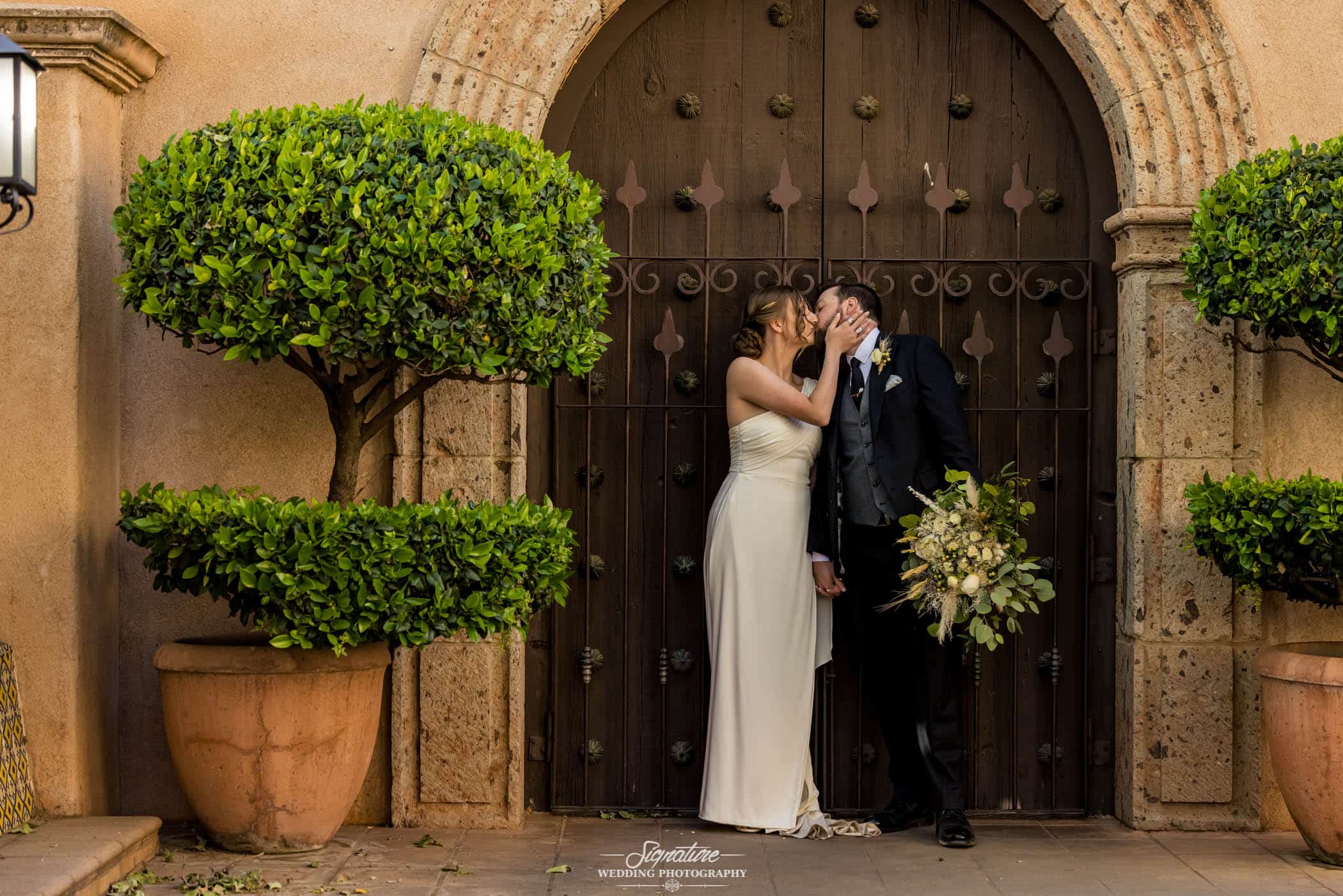 Bride and groom kissing in front of wooden door