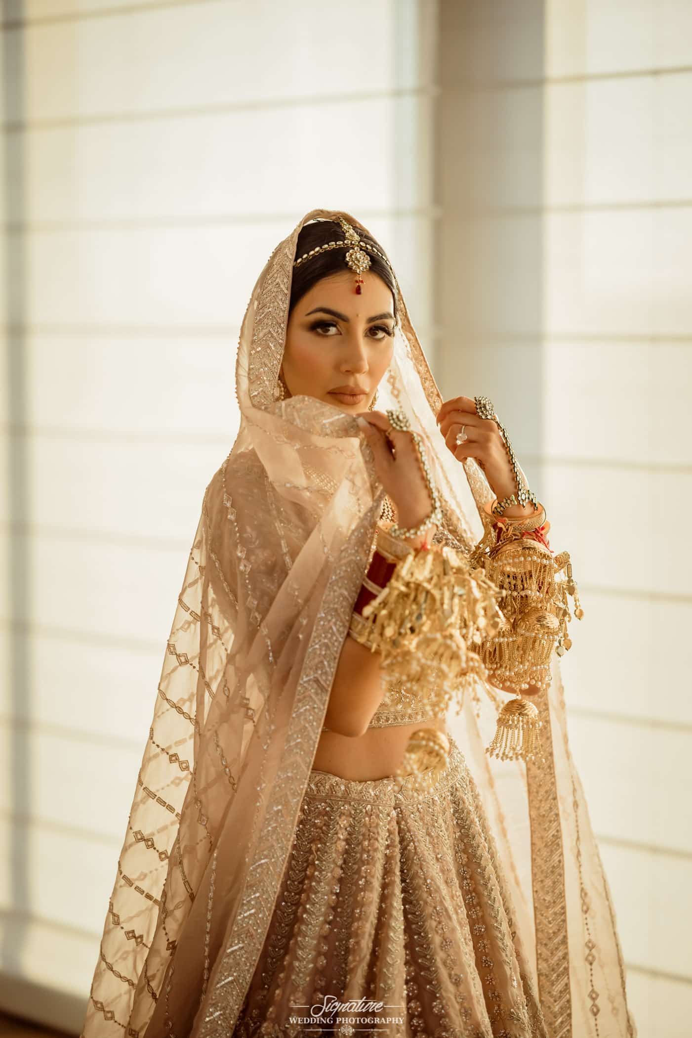 Indian bride looking at camera holding veil