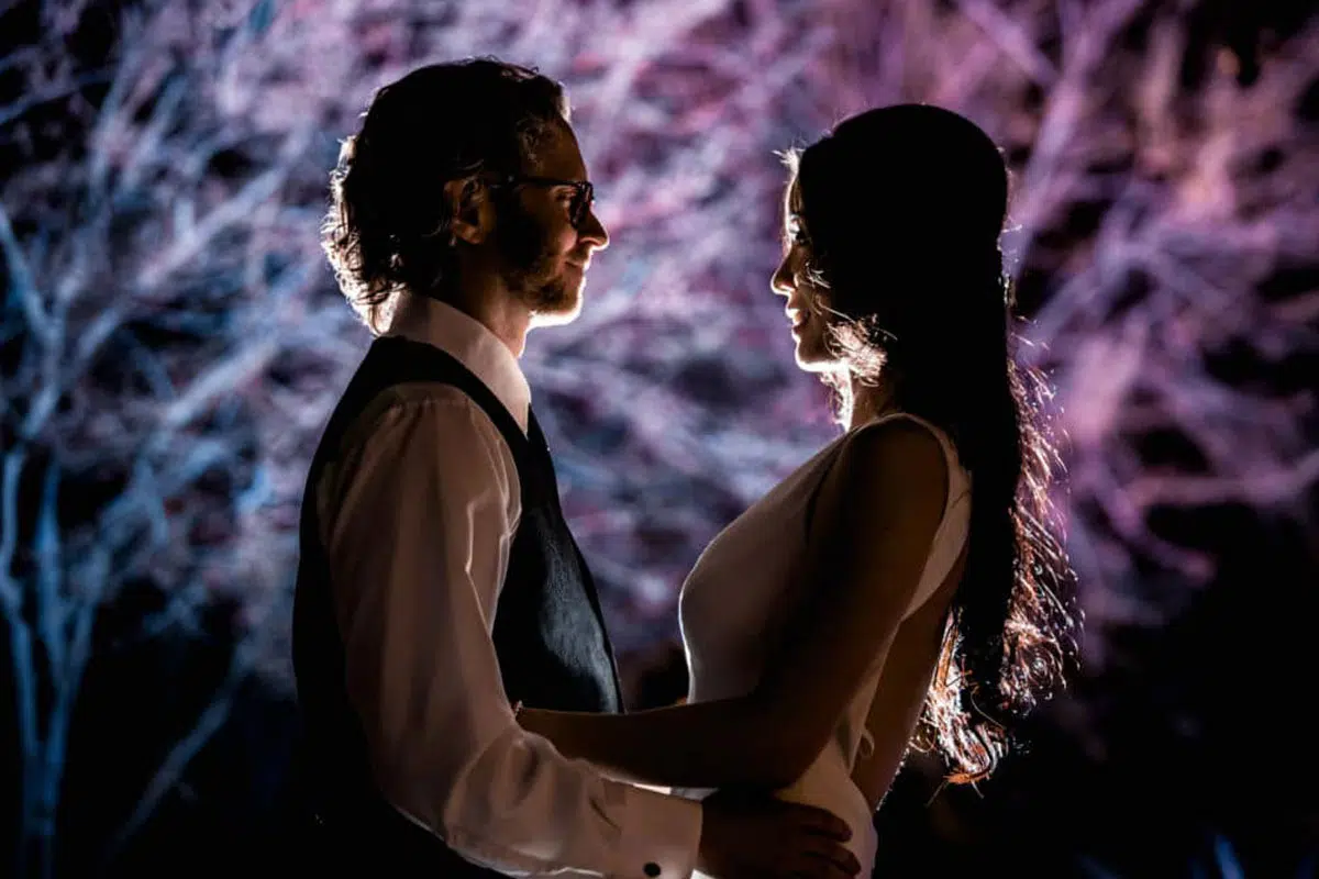 Bride and groom looking into each other's eyes
