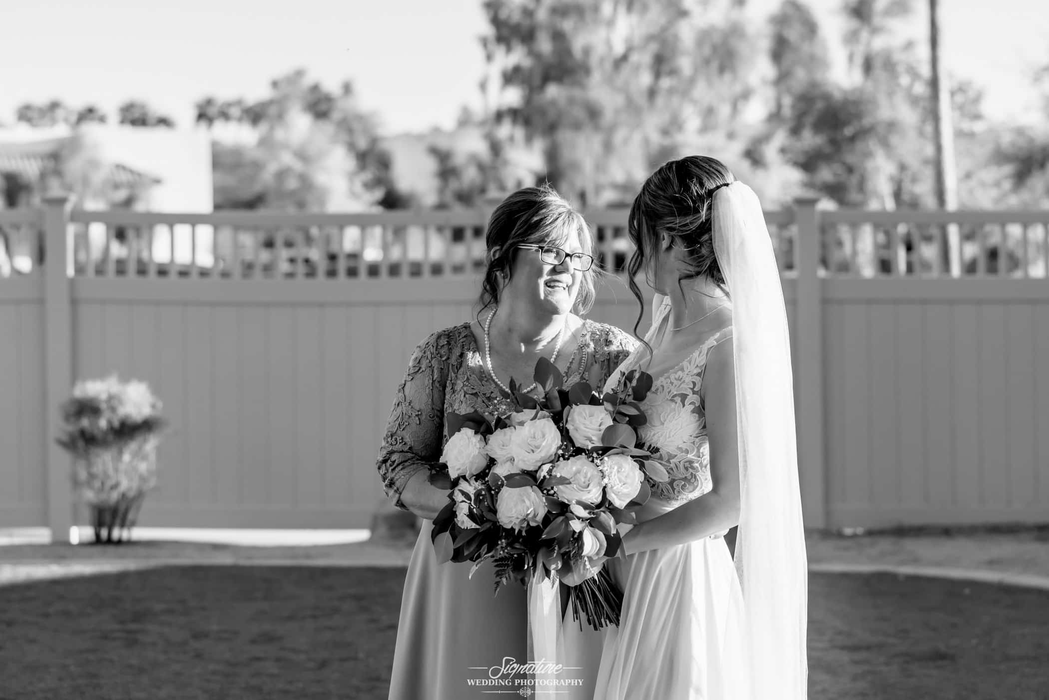 Bride with mother black and white
