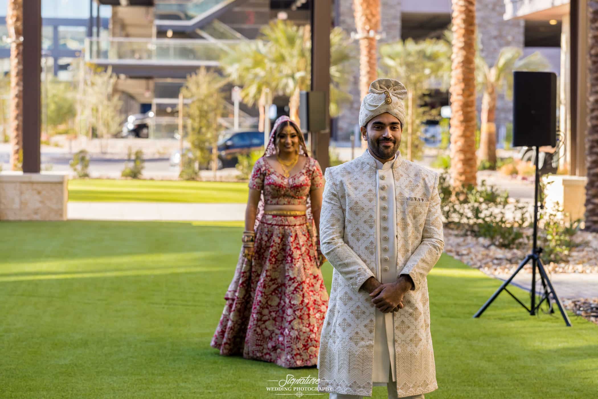 Bride behind groom for first look