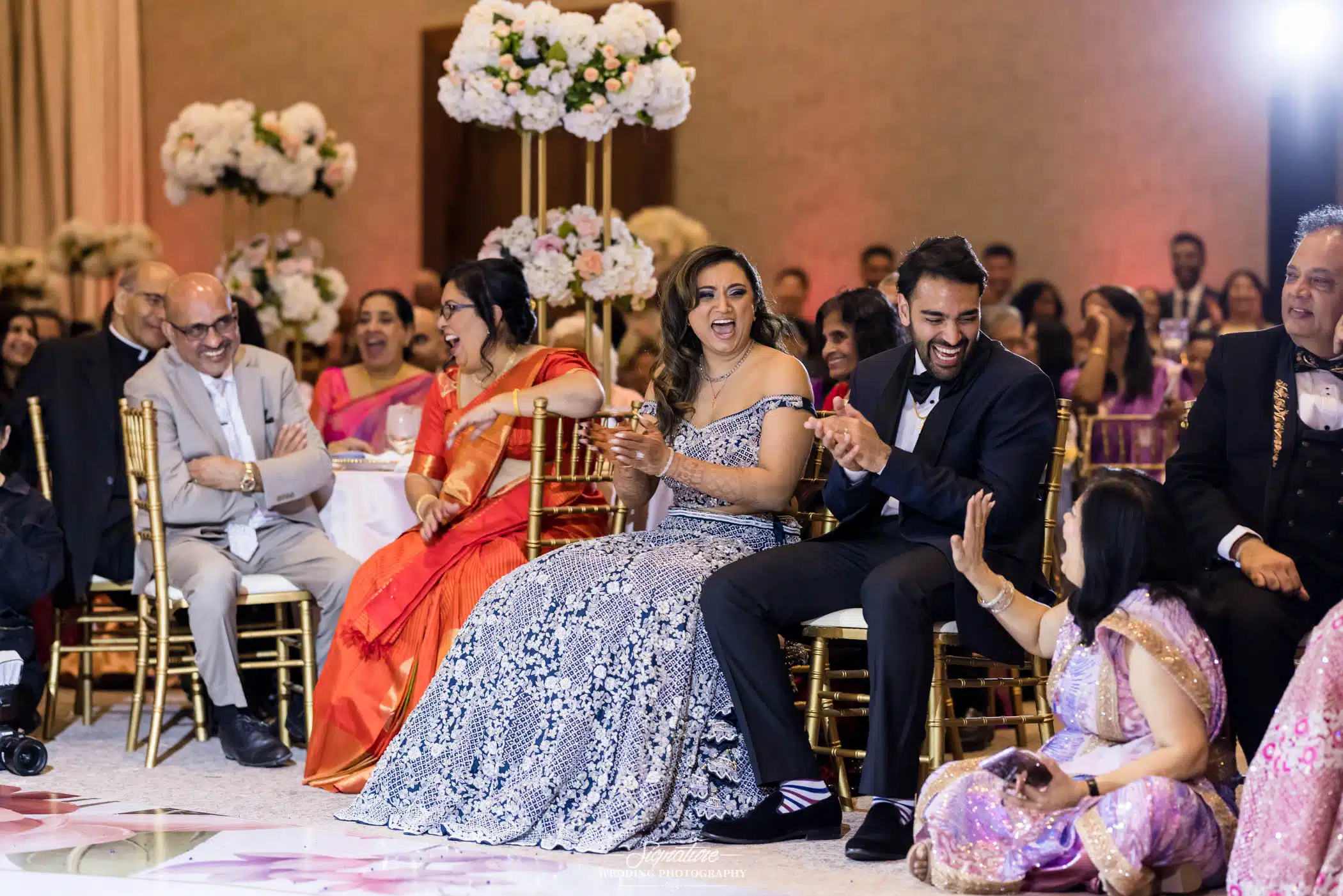 Bride and groom laughing