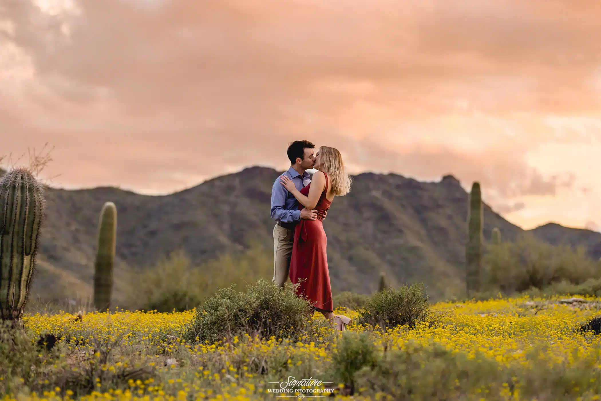 Image by Signature Wedding Photography Couple kissing in front of desert mountain
